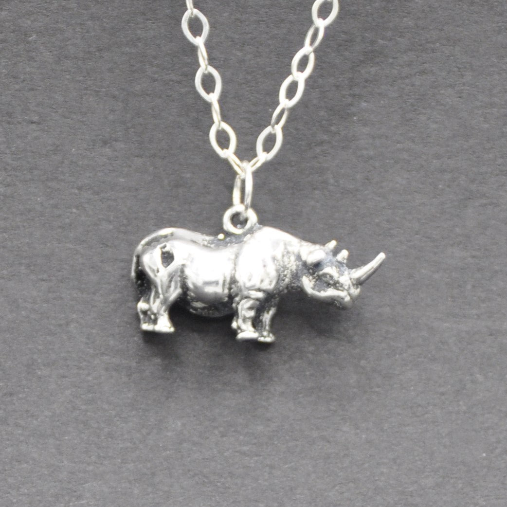 Rhinoceros Necklace Recycled Sterling Silver .925 Cable Chain Endangered Species