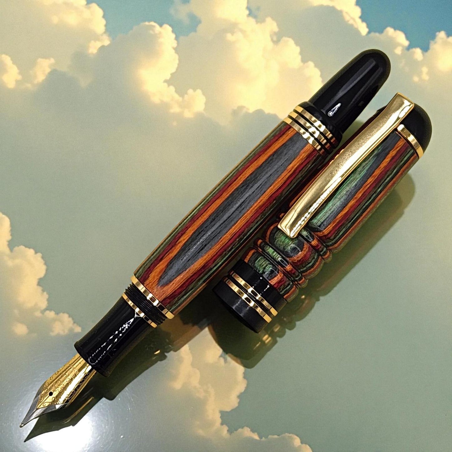 Handmade Rainbow Birch Wooden Fountain Pen with Black and Gold Accents