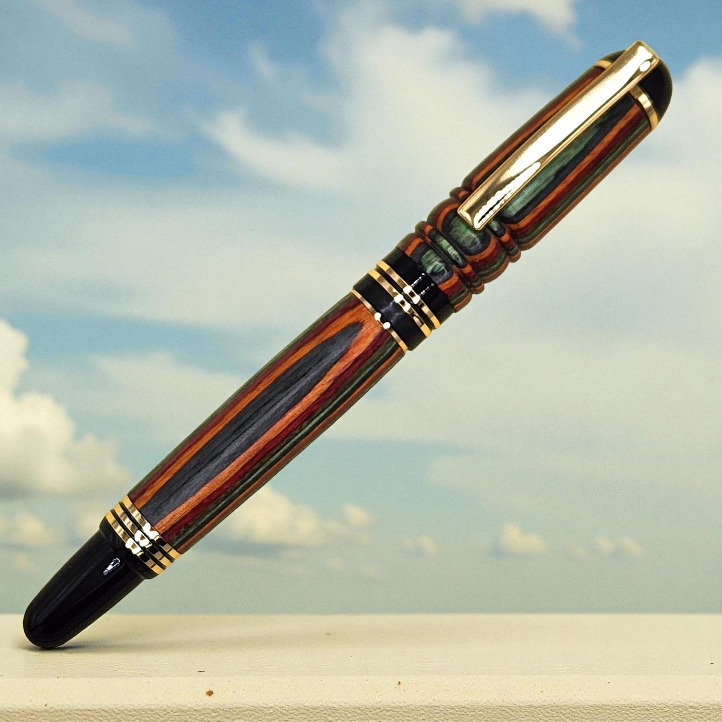 Handmade Rainbow Birch Wooden Fountain Pen with Black and Gold Accents