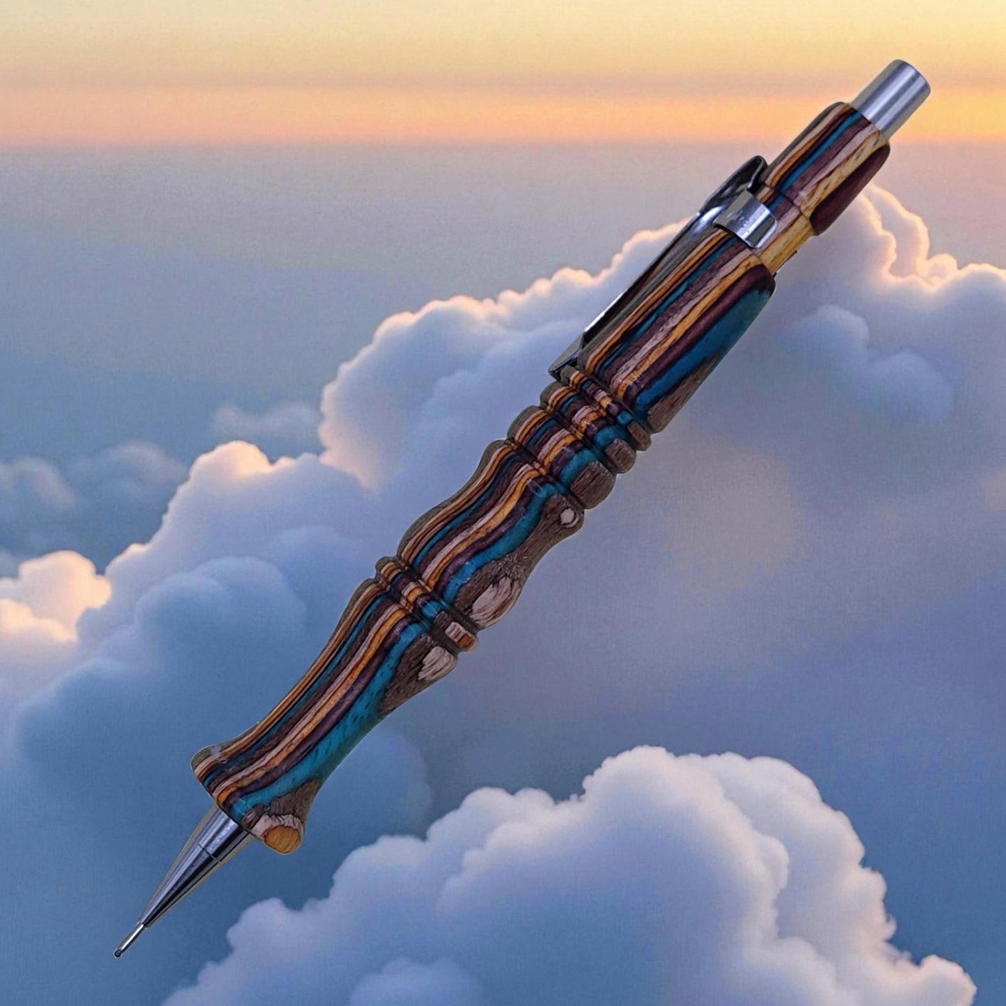 Handmade Wood Mechanical Pencil in Blue, Brown, and Yellow Dyed Maple, Ergonomic