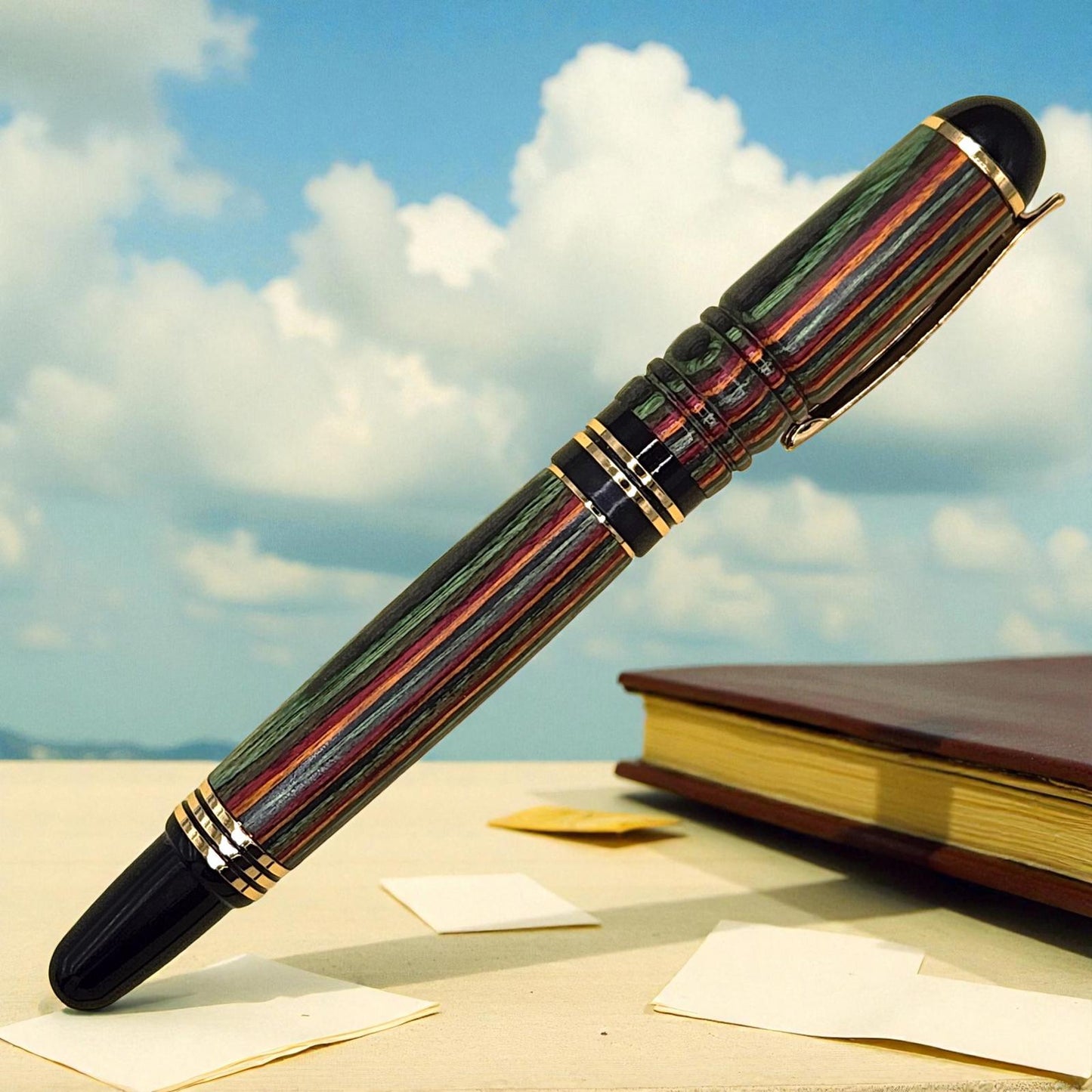 Handmade Rainbow Birch Wooden Fountain Pen with Black and Gold Accents