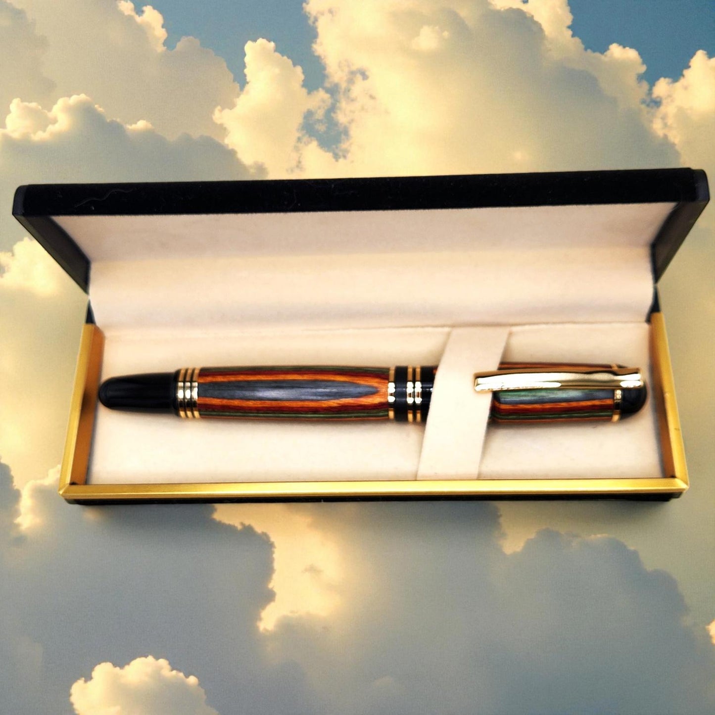 Handmade Rainbow Birch Wooden Fountain Pen with Black and Gold Accents