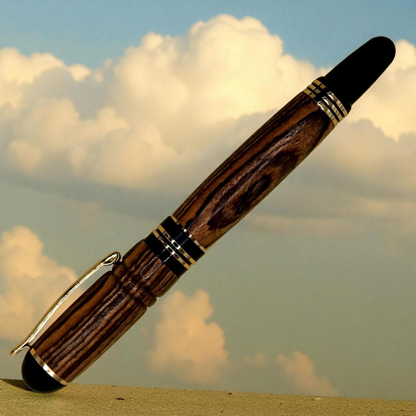 Handmade Bocote Wooden Fountain Pen with Black and Gold Accents