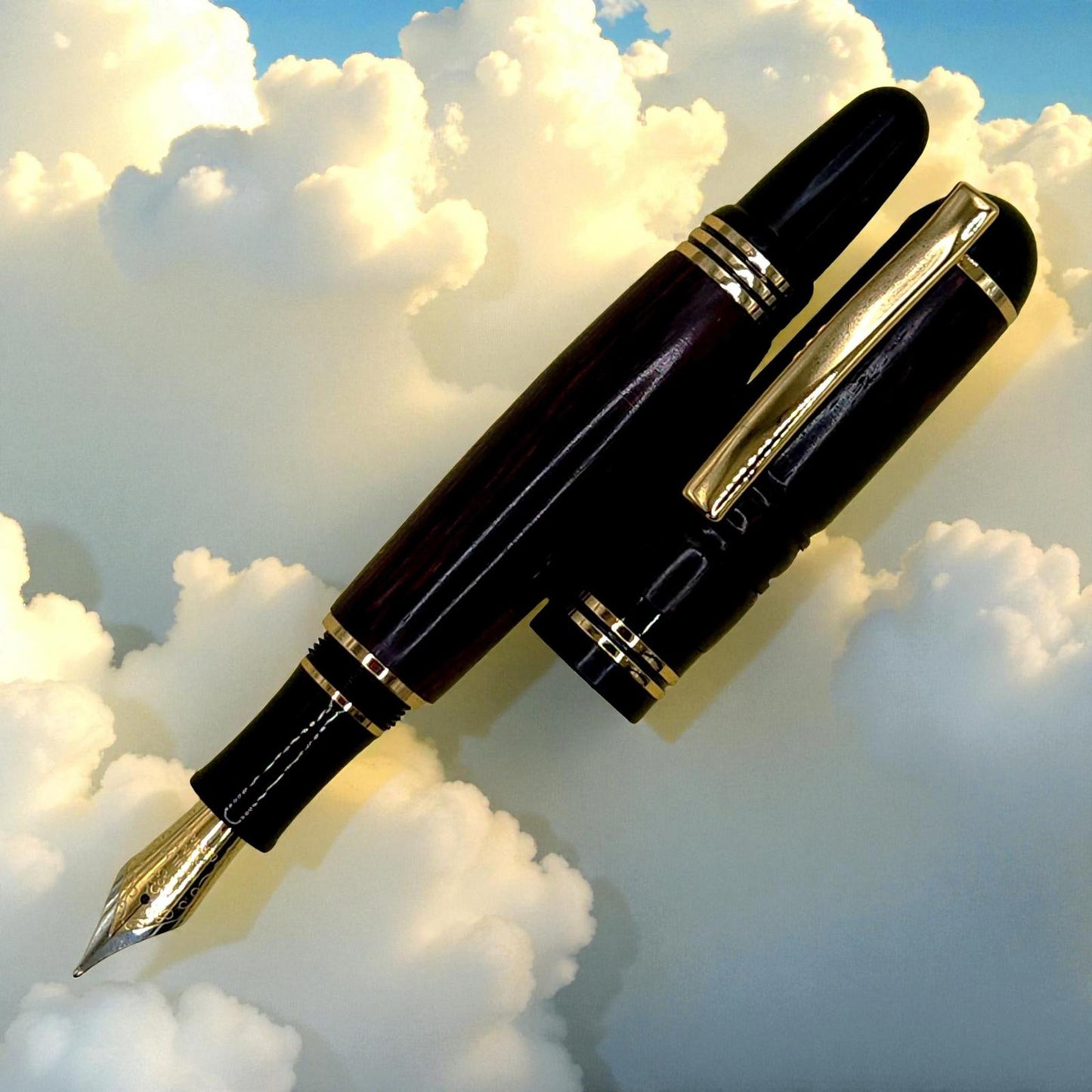 Handmade Black Wood Wooden Fountain Pen with Black and Gold Accents