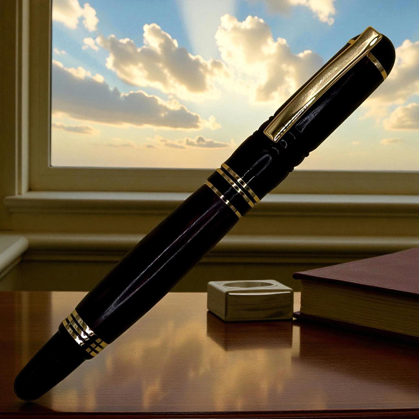Handmade Black Wood Wooden Fountain Pen with Black and Gold Accents
