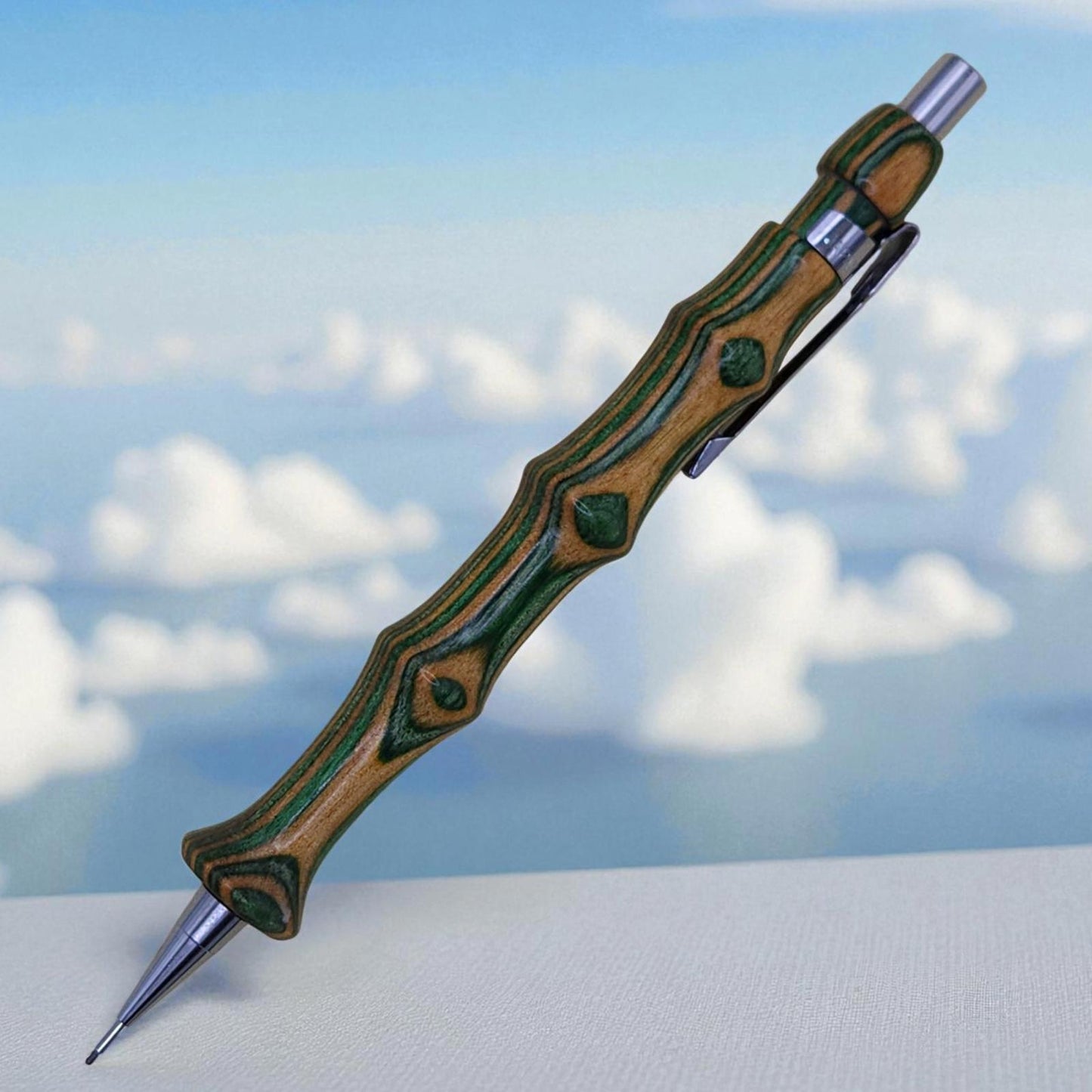 Handmade Mechanical Pencil in Green and Yellow Dyed Birch, with Ergonomic Grip.