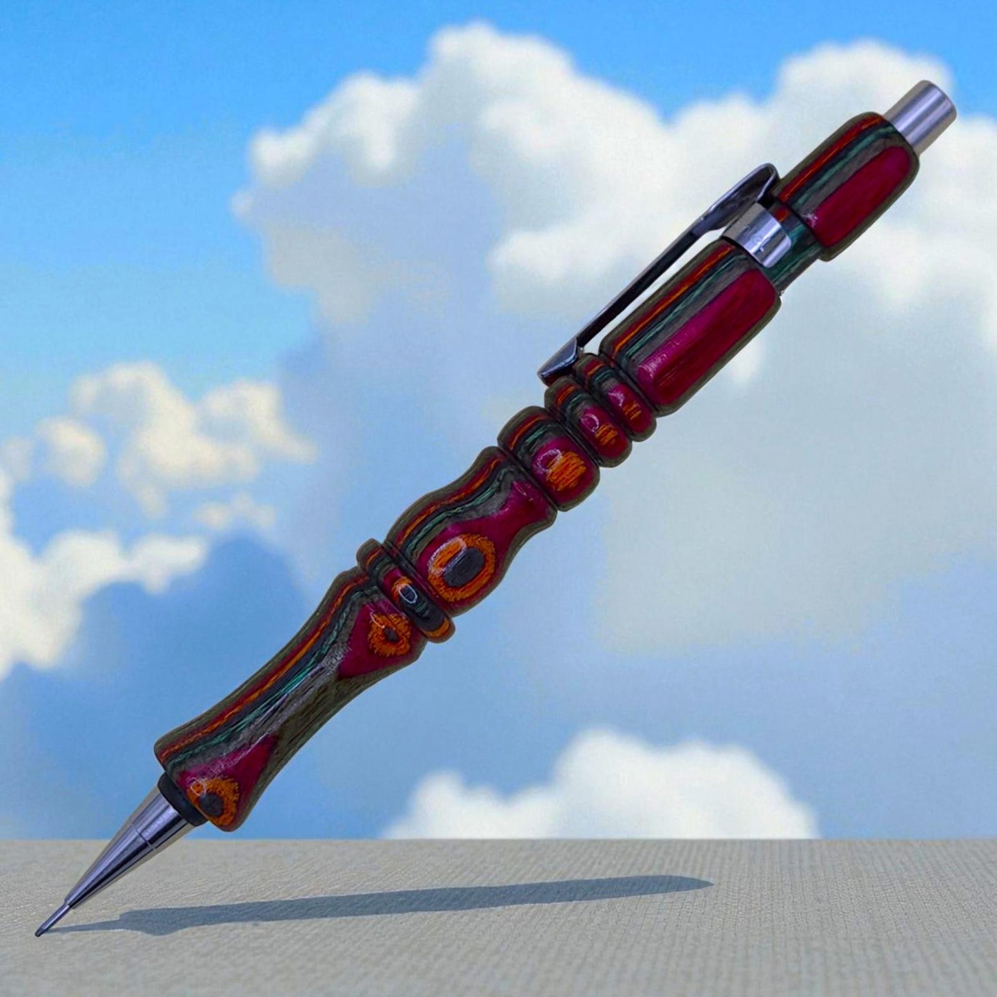 Handmade Mechanical Pencil in Rainbow Colored Birch, with Ergonomic Grip. .7mm