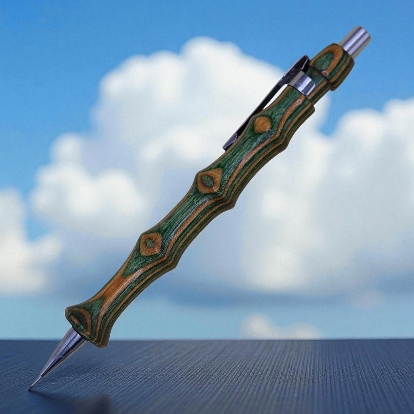 Handmade Mechanical Pencil in Green and Yellow Dyed Birch, with Ergonomic Grip.