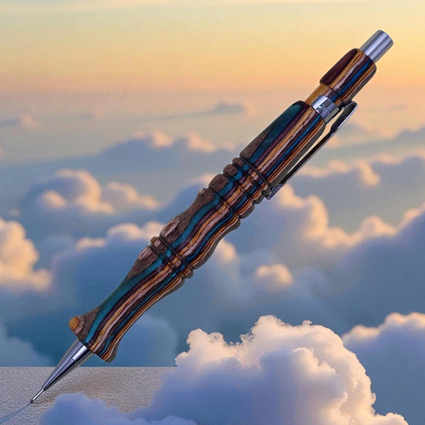 Handmade Wood Mechanical Pencil in Blue, Brown, and Yellow Dyed Maple, Ergonomic