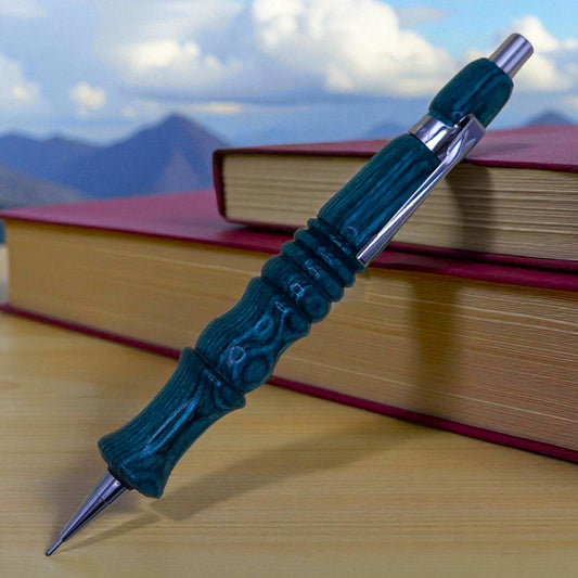 Handmade Wooden Mechanical Pencil in Blue and Green Dyed Birch, Ergonomic Grip.