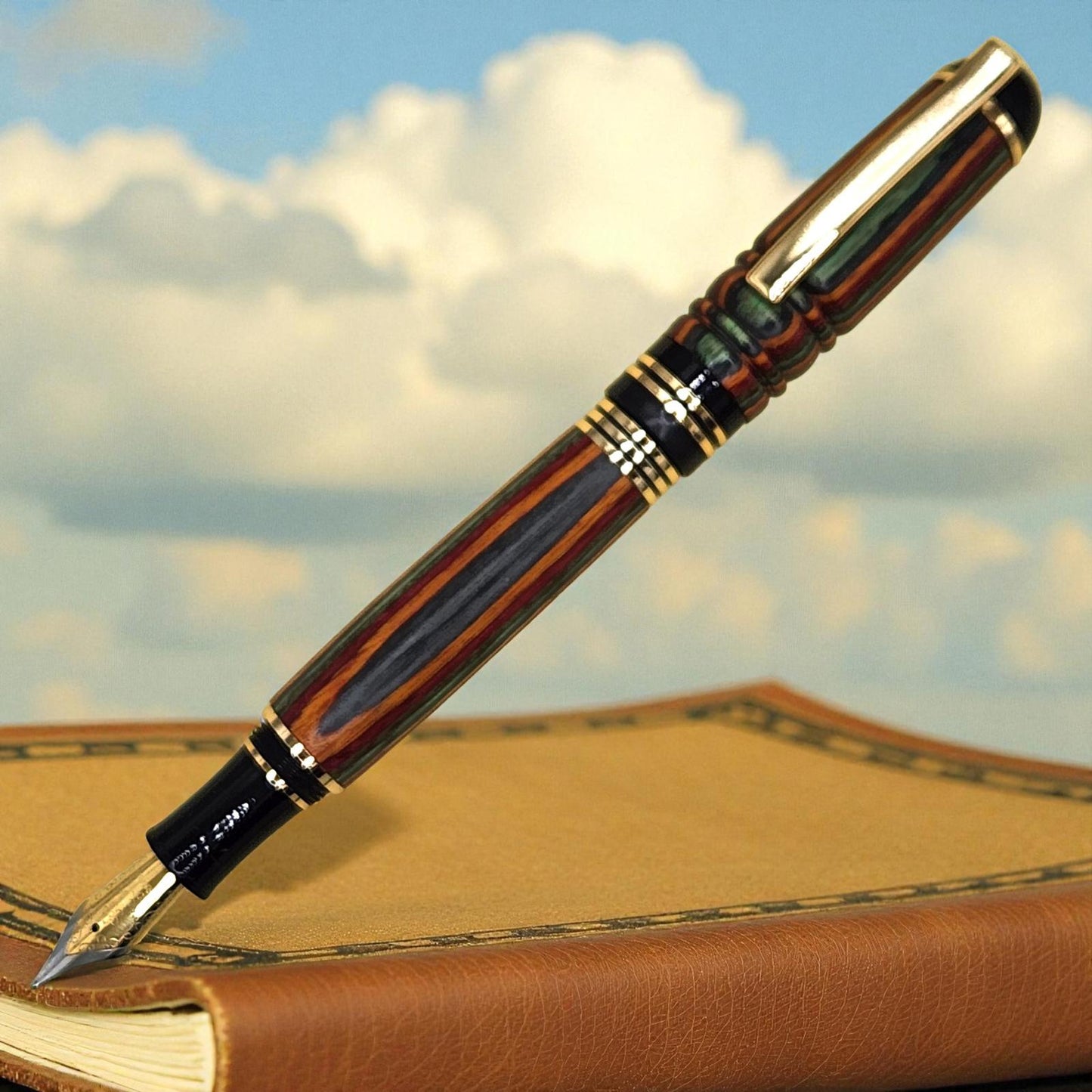 Handmade Rainbow Birch Wooden Fountain Pen with Black and Gold Accents