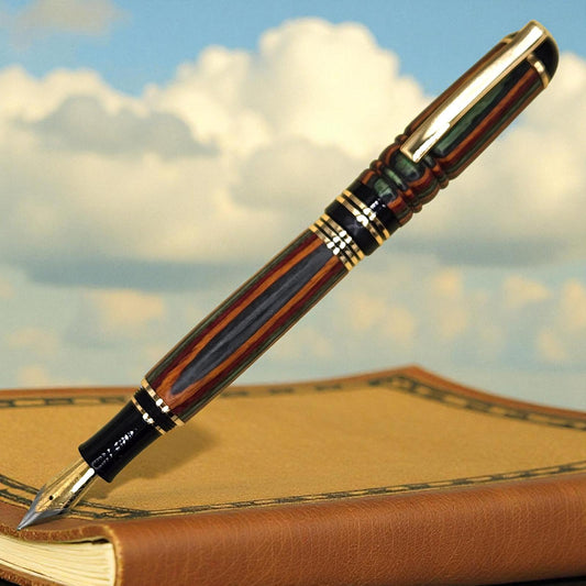 Handmade Rainbow Birch Wooden Fountain Pen with Black and Gold Accents